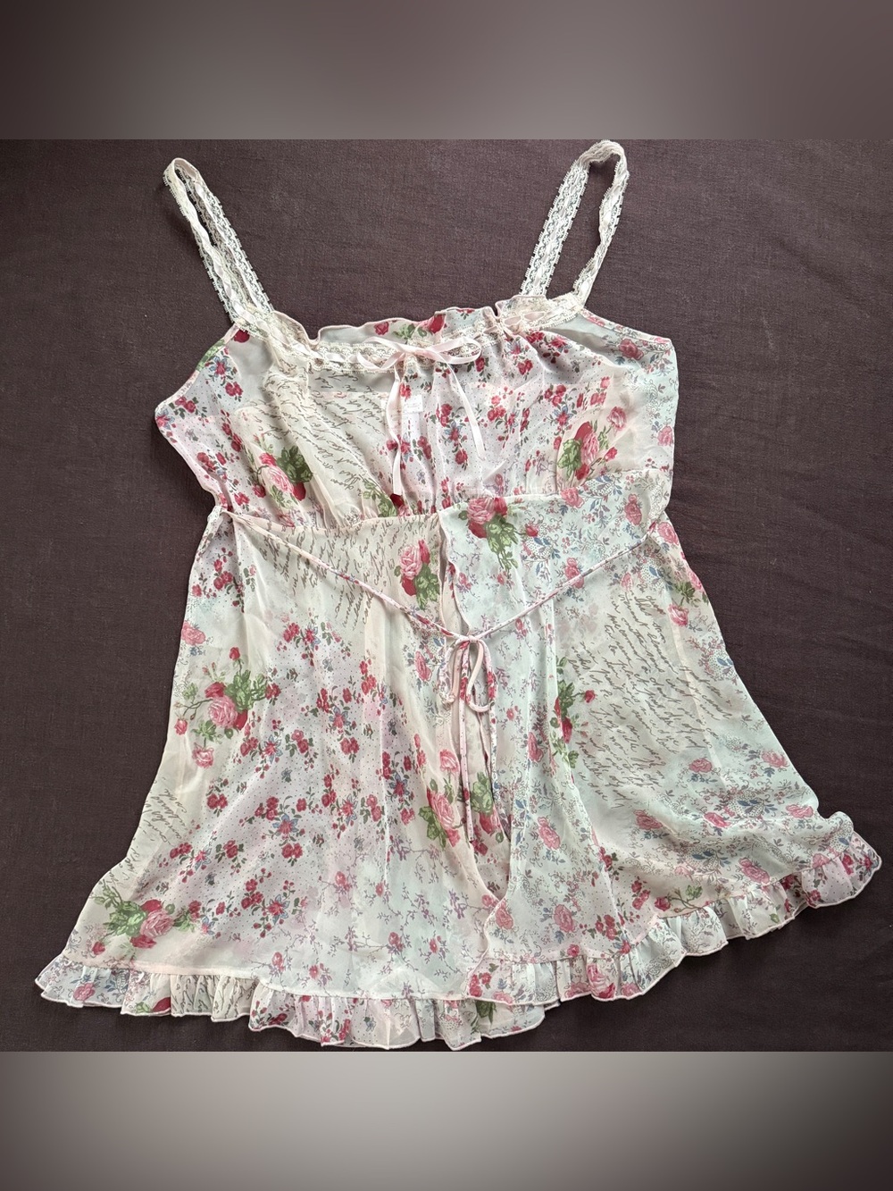 Vintage Y2K Secret Treasures Sheer Floral Script Babydoll Lingerie Top 1X